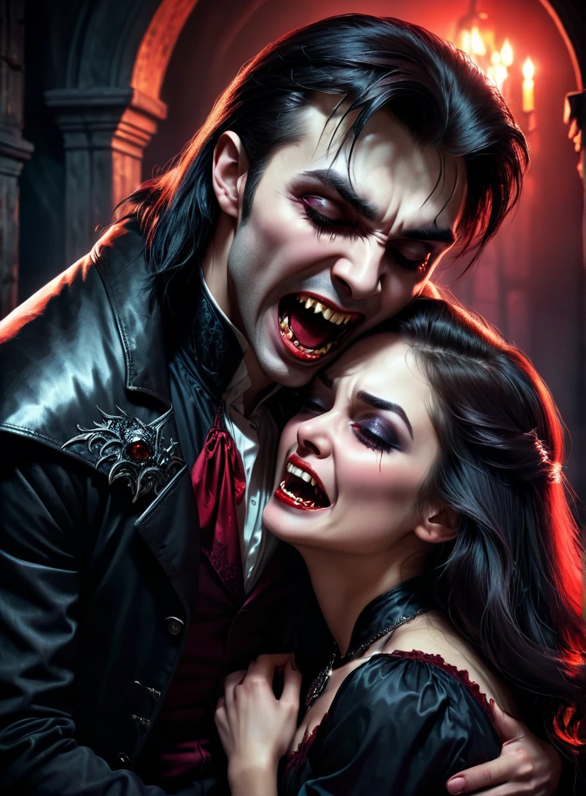 a happy vampire man biting woman neck with large canines, crouching next to an attractive human teenage woman biting her neck, woman is crying, blood everywhere, large canine, vampire fangs, photorealistic, dark fantasy, dramatic lighting, cinematic, highly detailed, realistic skin and textures, chiaroscuro, moody atmosphere, dramatic contrast, rich color palette, gothic horror. Man is happy woman is terrified