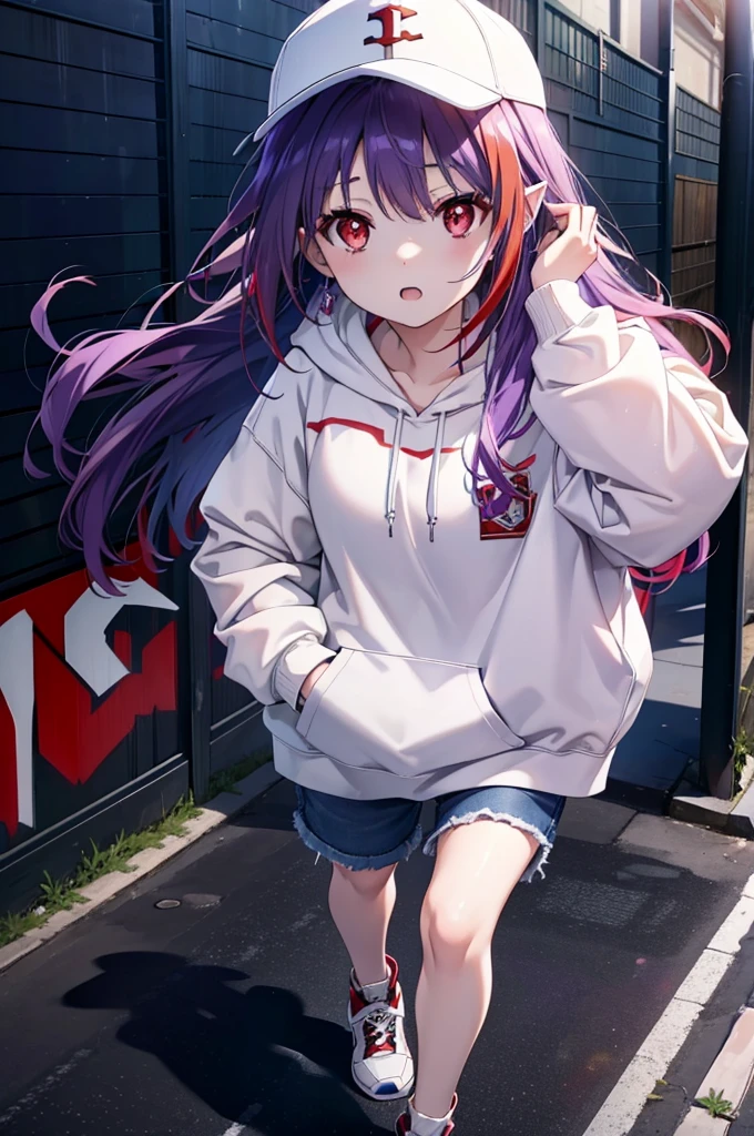 yuukikonno, Konno Yuuki,  Long Hair, Pointed Ears, Purple Hair, (Red eyes:1.5), (Small breasts:1.2), Open your mouth,Baseball hats,Oversized purple hoodie,jeans,Thick hem,sneakers,Walking,Graffiti wall,Daytime,Clear skies,Both hands are in the pockets of the hoodie、whole bodyがイラストに入るように,
break looking at viewer, whole body,
break outdoors, Alley,
break (masterpiece:1.2), Highest quality, High resolution, unity 8k wallpaper, (figure:0.8), (Beautiful attention to detail:1.6), Highly detailed face, Perfect lighting, Highly detailed CG, (Perfect hands, Perfect Anatomy),