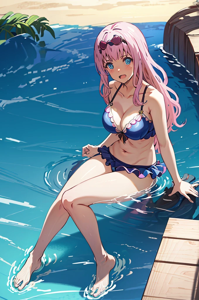 ランダムなSwimwear、柄付きのSwimwear、Pink Hair、Spread your legs、I can see her pantieedium Hair、、Pale blue eyes、Head to toe full body、Blushing、Embarrassed look、Swimwear、Wet、Ocean