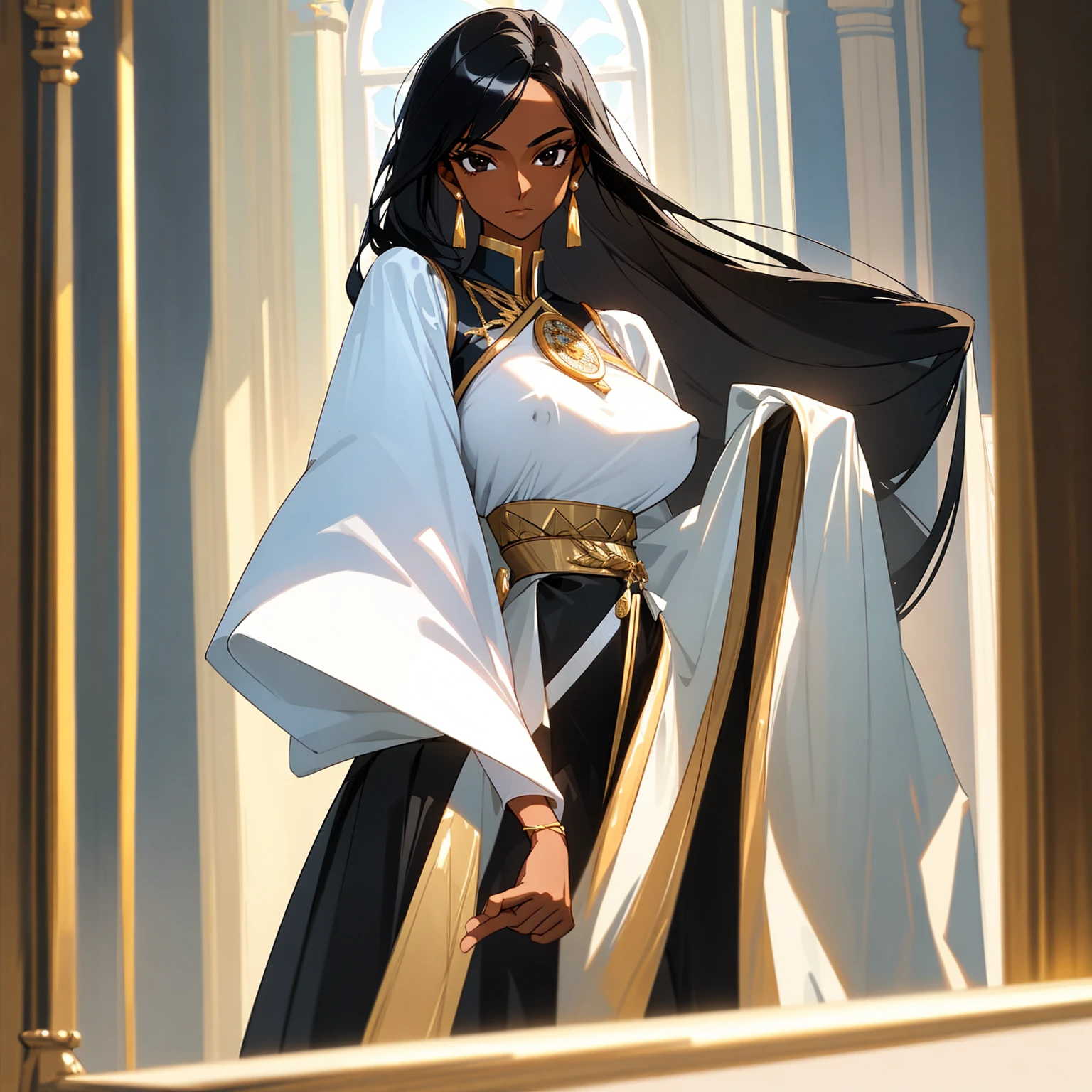 (Female): Solo, (Perfect Face), (Fine Dress), (12 years old), Mayor's Daughter, , Responsible, Graceful, Black Hair, Long Hair, Black Eyes, Large chest_circumference, (Classy Blouse), (Long Skirt), Mormorian Royal Female Guard

(Background): Front, indoors, Indian palace

(Effect) :(Masterpiece), (Best Quality), (Sharp Focus), (Depth of Field), (High Resolution), Tan, Dark Skin, Big Breasts, Big, Big, Huge Breasts,covered nipples