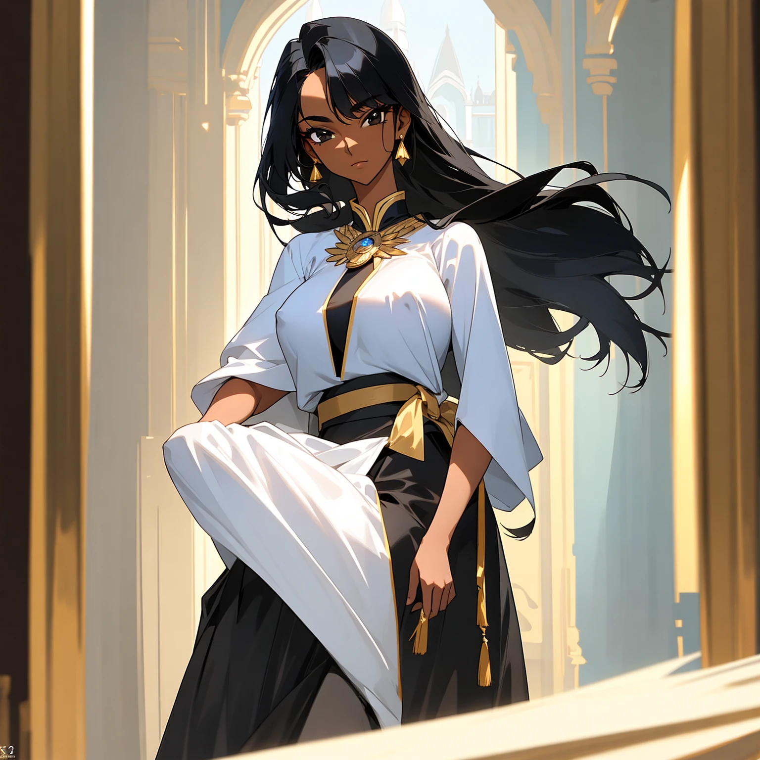 (Female): Solo, (Perfect Face), (Fine Dress), (12 years old), Mayor's Daughter, , Responsible, Graceful, Black Hair, Long Hair, Black Eyes, Large chest_circumference, (Classy Blouse), (Long Skirt), Mormorian Royal Female Guard

(Background): Front, indoors, Indian palace

(Effect) :(Masterpiece), (Best Quality), (Sharp Focus), (Depth of Field), (High Resolution), Tan, Dark Skin, Big Breasts, Big, Big, Huge Breasts,covered nipples