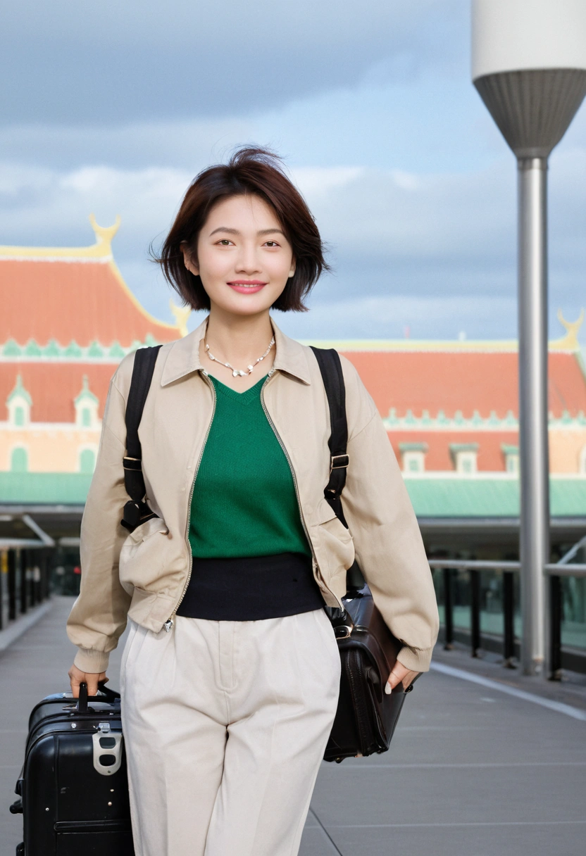 raw mode photos, Vintage portrait of Asian woman in 90s retro style, green jumper, and white caSual pantS.S.Dragging a SuitcaSe. Short medium hair, Short height, Full body Shot with Canon camera 16-35 wide angle lenS, Short medium hair. expreSSionleSS, full body Shot, ExpreSS your fingerS perfectly, perfect fingerS, Make the airport electronic diSplay viSible, uhd