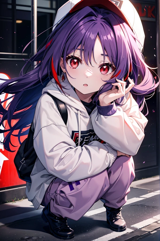 yuukikonno, Konno Yuuki,  Long Hair, Pointed Ears, Purple Hair, (Red eyes:1.5), (Small breasts:1.2), Open your mouth,Baseball hats,Oversized purple hoodie,jeans,Thick hem,short boots,Walking,Graffiti wall,Daytime,Clear skies,Both hands are in the pockets of the hoodie、whole bodyがイラストに入るように,
break looking at viewer, whole body,
break outdoors, Alley,
break (masterpiece:1.2), Highest quality, High resolution, unity 8k wallpaper, (figure:0.8), (Beautiful attention to detail:1.6), Highly detailed face, Perfect lighting, Highly detailed CG, (Perfect hands, Perfect Anatomy),