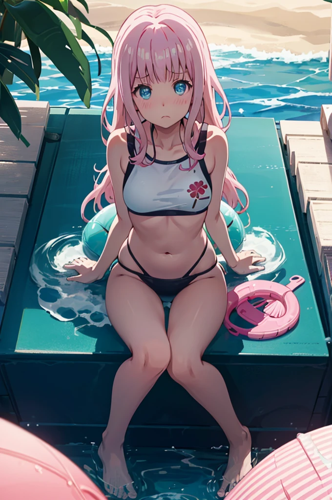 競泳Swimwear、ランダムなSwimwear、柄付きのSwimwear、Pink Hair、Spread your legs、I can see her edium Hair、、Pale blue eyes、Head to toe full body、Blushing、Embarrassed look、Swimwear、Wet、Ocean