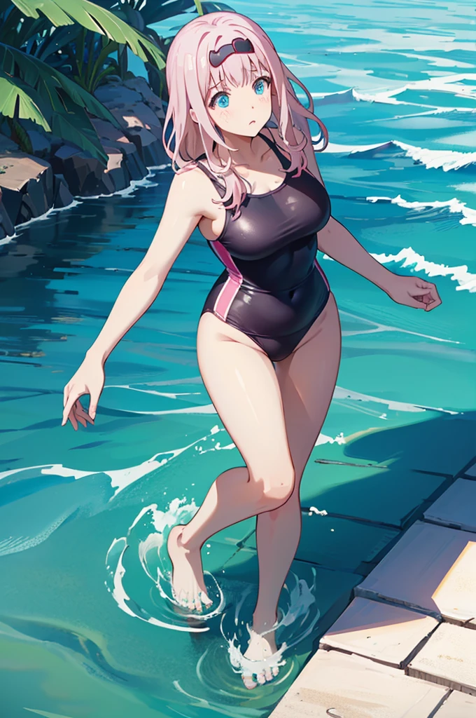 競泳Swimwear、ランダムなSwimwear、柄付きのSwimwear、Pink Hair、Spread your legs、I can see her pantieedium Hair、、Pale blue eyes、Head to toe full body、Blushing、Embarrassed look、Swimwear、Wet、Ocean