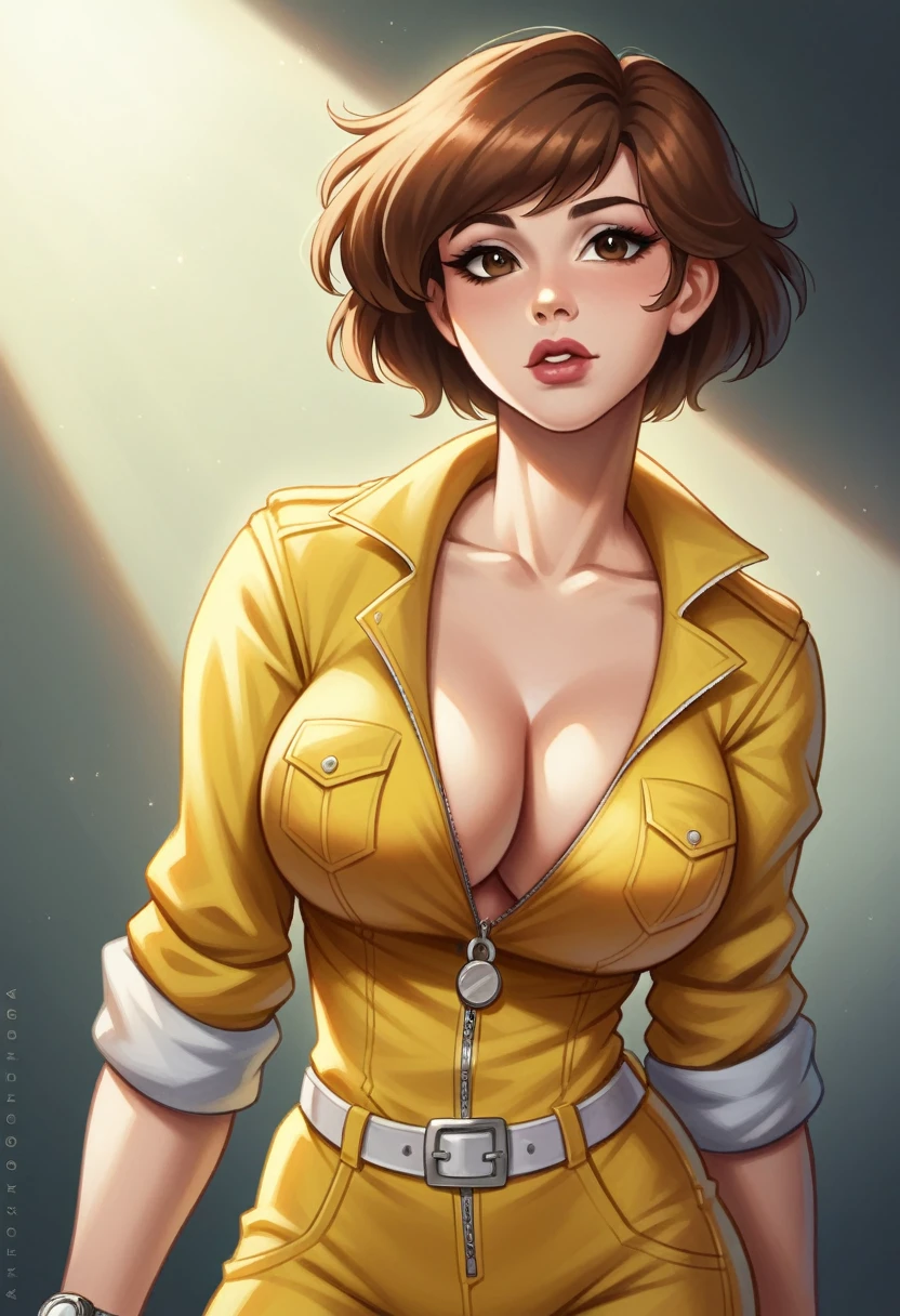 (masterpiece:1.2, best quality:1.2, beautiful, high quality, highres:1.1, aesthetic), detailed, extremely detailed, ambient soft lighting, 4K, perfect lighting,
1girl, solo,CARTOON_April_ONeil_TMNT_ownwaifu, www.ownwaifu.com,
brown hair, short hair, , brown eyes, large breasts makeup, collarbone, lipstick,
cleavage, sleeed up, yellow jumpsuit, watch, unzipped, zipper, white belt, from behind
