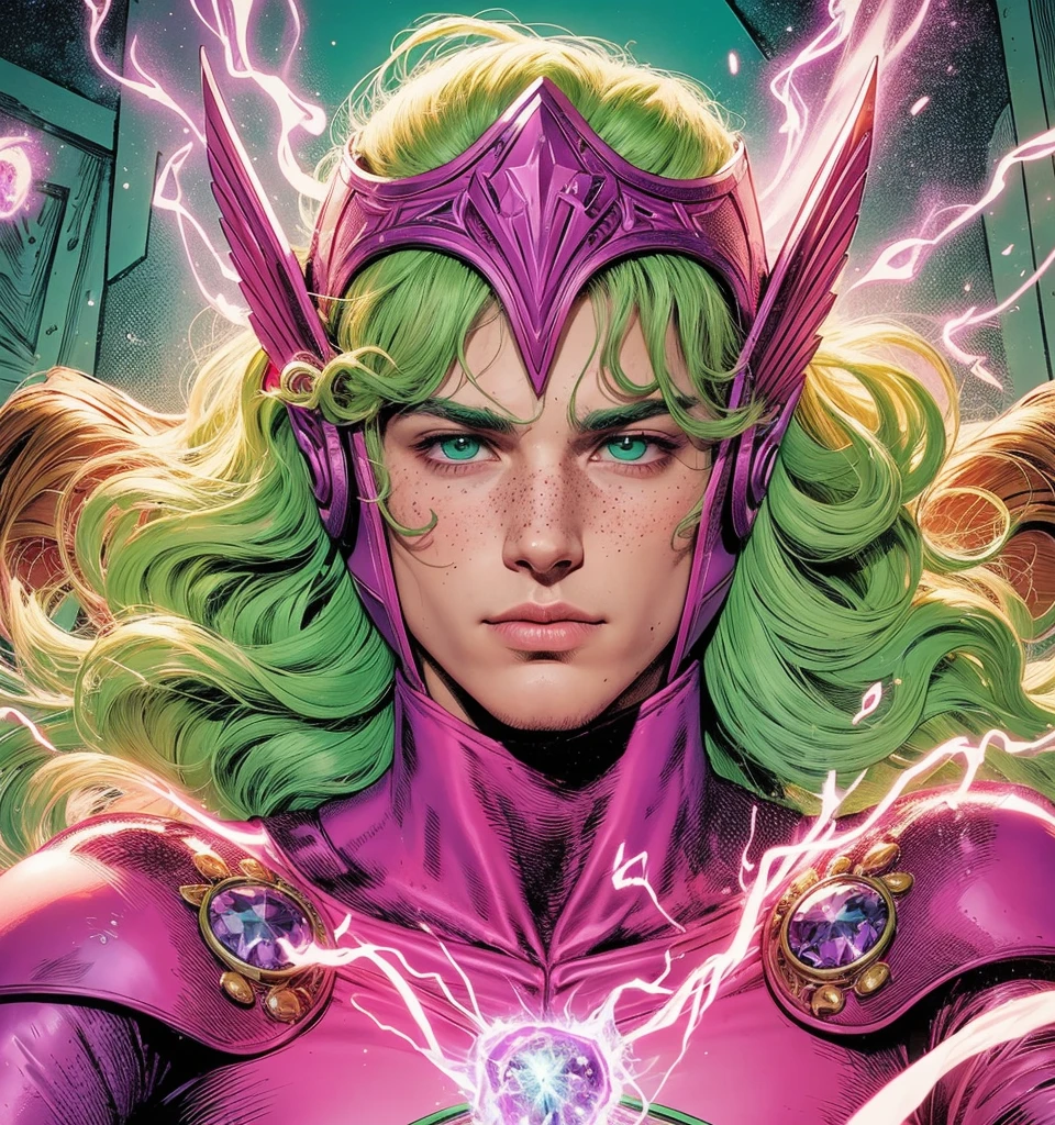 American classic comic book art: wizard young man ethereal young man delicate, long bright green hair with beautiful waves, magenta elf helmet on forehead, purple bright magenta wizard outfit Shun, purple magenta shoulder pads, very young face man, few freckles, light pink tight leggings, polished magenta-purple bracelets, magic lime green and magenta fire rays, bright purple blanket, ethereal man enchanted, classic comics.
