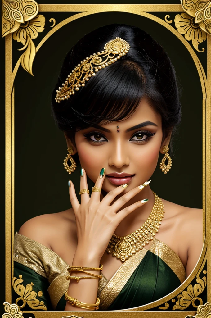 card for nail salon name lakshmi with black olive green and gold color something elegant