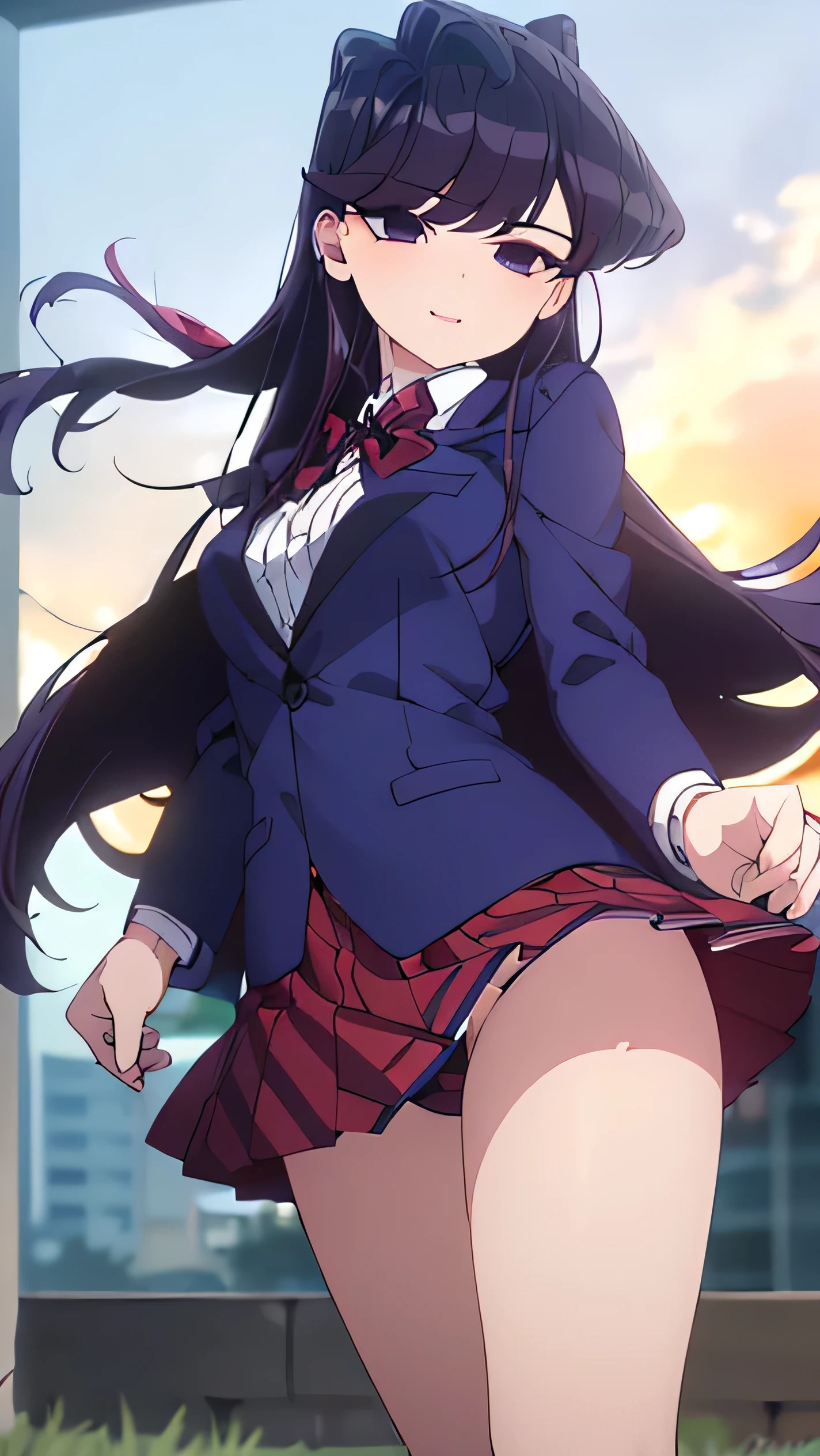 ((masterpiece, highest quality, High resolution, UHD, perfect pixel, Depth of bounds written, 4K, rtx, HDR))), 1 girl、draw the whole body、perspective from below、pure white skin, beautiful art style, (long straight hair, bangs, purple hair:1.2,)( curly hair:0.3), White hairpin、((dark purple eyes:1.4, round eyes,droopy eyes、beautiful eyelashes, realistic eyes)),, ((smooth texture:1.2, realistic texture:1.1, realistic:1.1, The wind is blowing、Anime CG style)), medium breasts, perfect body, ((portrait, throw)), ((red bow tie, , navy blue jacket, open jacket, white shirt, red pleated skirt、white panties)), smile, open your mouth、teeth、Skirt flips in the wind