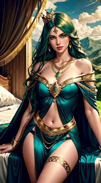 a beautiful girl in a tarot card style portrait, half-body photograph by Tom Bagshaw, facing viewer, cowboy shot, photorealistic, best quality, 8k raw photo, masterpiece, concept art, perfect body, smiling, wearing transparent black off-shoulder bandage dress with gold ornaments and crown, necklace, armband, navel ring, transparent heavy lace cloak made of swan feathers, big , green eyes, long legs, long green hair, rim lighting, lying on bed inside a silky luxurious tent, treasure chests, hills, rainforest, blue sky, clouds, sun, style-hamunaptra, DarkFantasy, absurdres iris textures, [:(detailed face:1.2):0.2], photorealistic:1.5