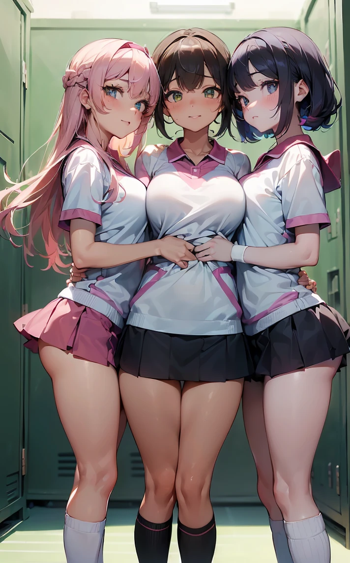 (Cute eyes:1.2), (Sparkling eyes:1.2),(Beautiful Eyes:1.2), Highest quality,wonderful,finely,Highly detailed CG Unity 8k wallpaper, (The three of them hugged each other:1.3),(Caress your:1.5),(Three people of different heights:1.5), (Three Girls, Tennis Player, Skinny body, Dressed), (Huge breasts), (Open your mouth:1.1),(Black knee socks:1.3),(Thighs:1.3),(Waistline:1.2),(Matching tennis uniforms:1.4),(From behind:1.2),(Beautiful Eyes:1.2),(Different hairstyles),(Senior and Junior:1.3),(All three have different eye colors:1.5),(All three have different skin colors.:1.5),(Thighsまで隠れるニーソックス:1.2),Upper Body,(locker room:1.3),(Love Juice:1.3),(Pink Tennis Wear:1.3)