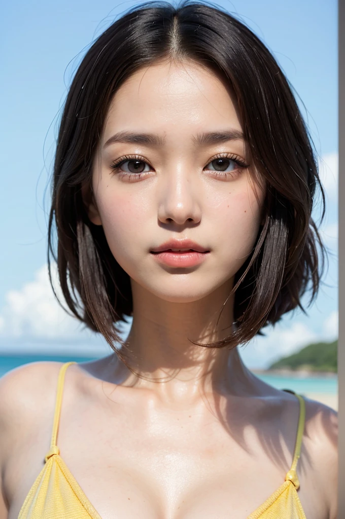 ((Highest quality)),((8K、32k)),(Genuine)、(detailed)、(Beach)、((Bust up shot))、((face closeup))、(White skin)、(Big Breasts)、Golden ratio of face to shoulder width、Micro Bikini、Shiny Hair、Short Hair、Glowing Skin、Japanese、beauty、Looking into the camera、Thick lips、cute、Hehehe:1.2、Shot with a film camera、RAW shooting、#24、Genuine、Photo Genuine:1.4、Photon Mapping、Physically Based Rendering、Perfect Anatomy、Detailed decollete、Detailed Eyes、Detailed double、Detailed masseter muscle、Detailed clavicle、Perfect Fingers、Finger Description、(Quality 8K)、((White skin))、Avoid mascara、Hair with movement、Detailed pores、Natural light、Detailed description、Blushing、Fine pores、Perfect cleavage、masterpiece、Blushing、Hair with movement、Detailed abdominal muscles、Sparkling、sexly、Detailed armpit、(slender)、(Upper Body)、Detailed Eyes元、