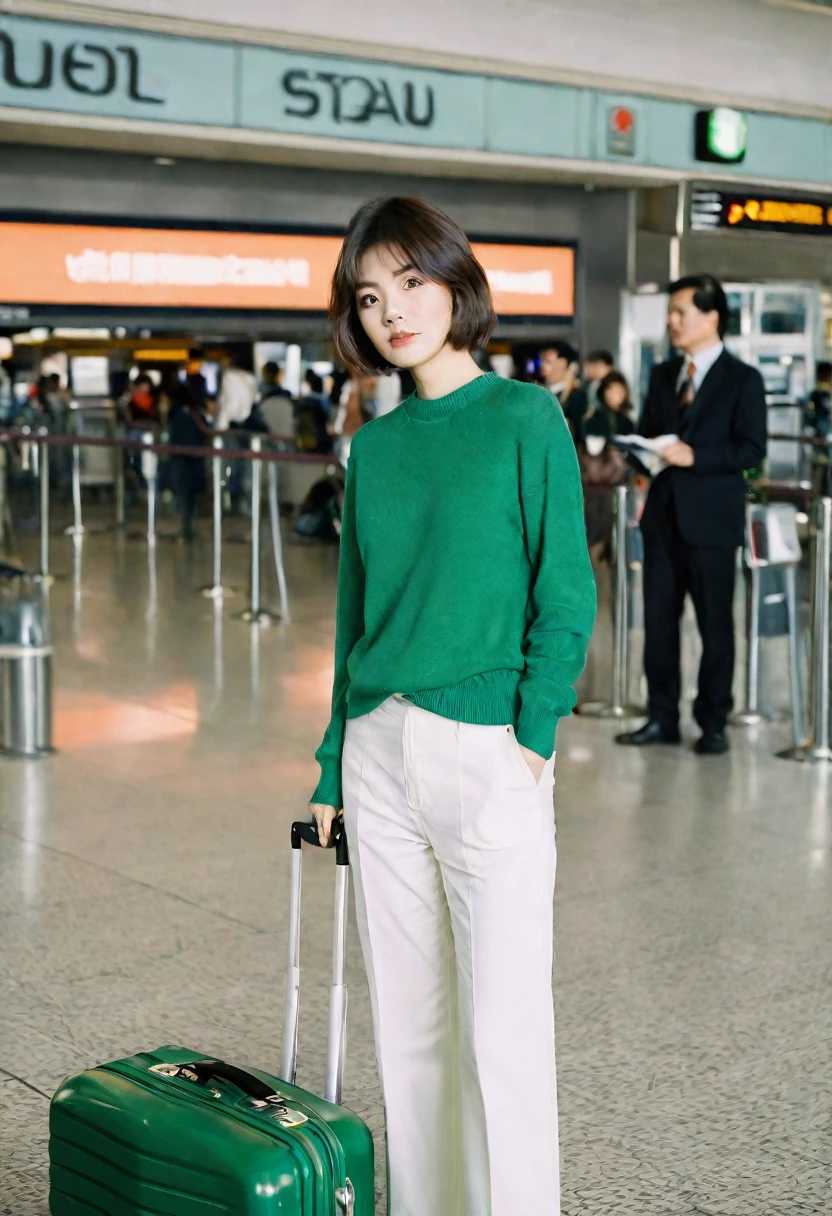 raw mode photos, Vintage portrait of Asian woman in 90s retro style, green jumper, and white caSual pantS.S.Dragging a SuitcaSe. Short medium hair, Short height, Full body Shot with Canon camera 16-35 wide angle lenS, Short medium hair. expreSSionleSS, full body Shot, ExpreSS your fingerS perfectly, perfect fingerS, Make the airport electronic diSplay viSible, uhd