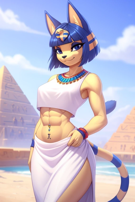 ((best quality)), ((masterpiece)), (detailed), ((2k)), trending on artstation, furry, furry style, anthro style, perfect face, a digital artwork of a sexy Ankha with abs wearing a crop top of her white sleeveless dress with white long dress skirt, a bare midriff, a bare navel, an exposed belly button, Egyptian setting, smug face, tail, blue Egyptian handbands, navel piercing