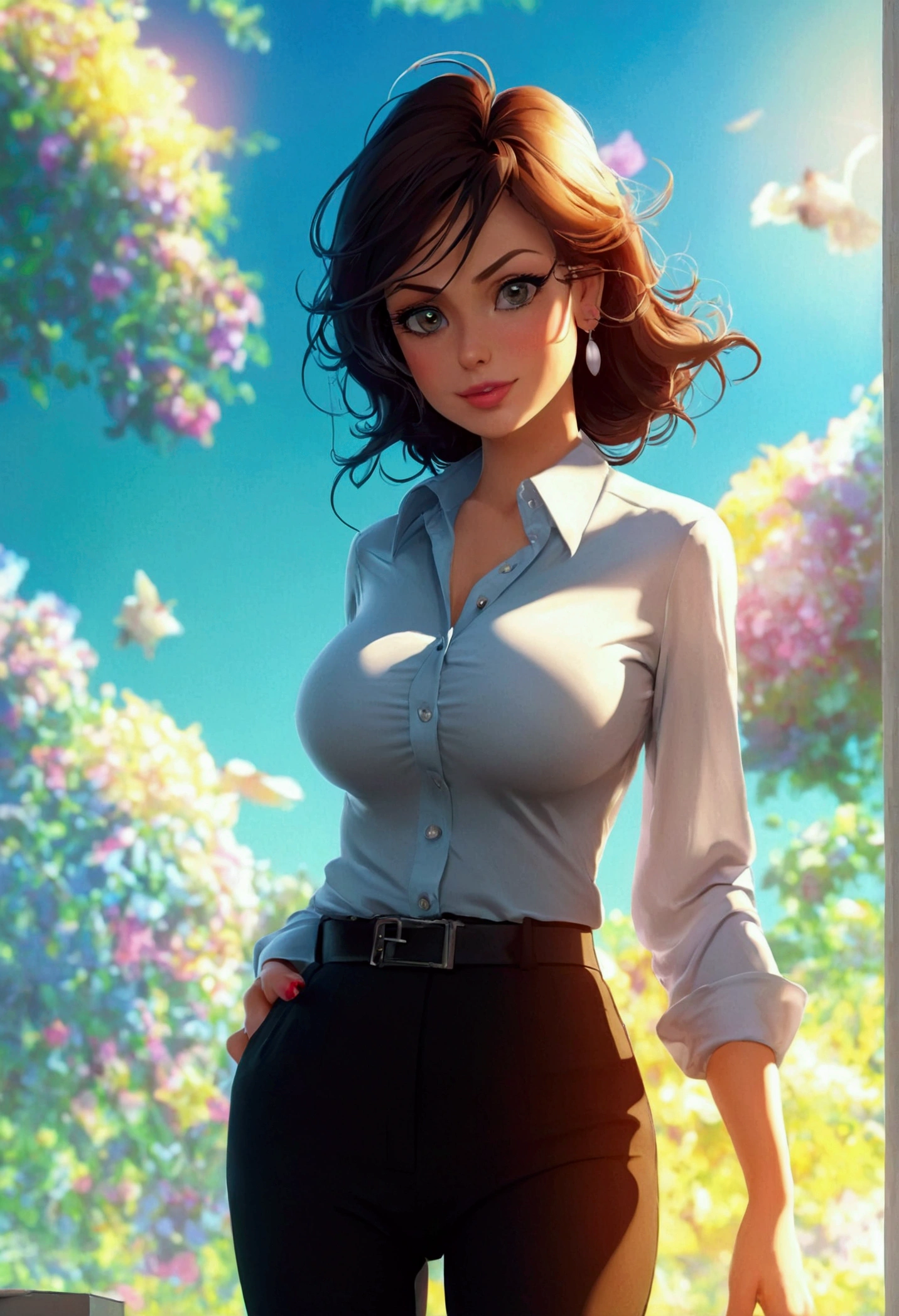 Beautiful woman, secretary look, big tits, buttoned up blouse, large breasts, buttoned up blouse, tight pants