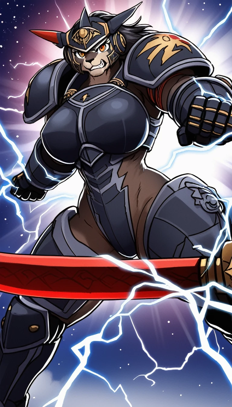 Kemono Fantasy Warfare Anime Setting: A furious Kemono Orca Goddess battle sister, (One Character), wielding a thundering sword, electricity, wearing space marine power black armor, on a chaotic battlefield, cinematic lighting, dramatic shadows, vibrant colors, hyper detailed, intricate textures, powerful expression, dynamic pose
