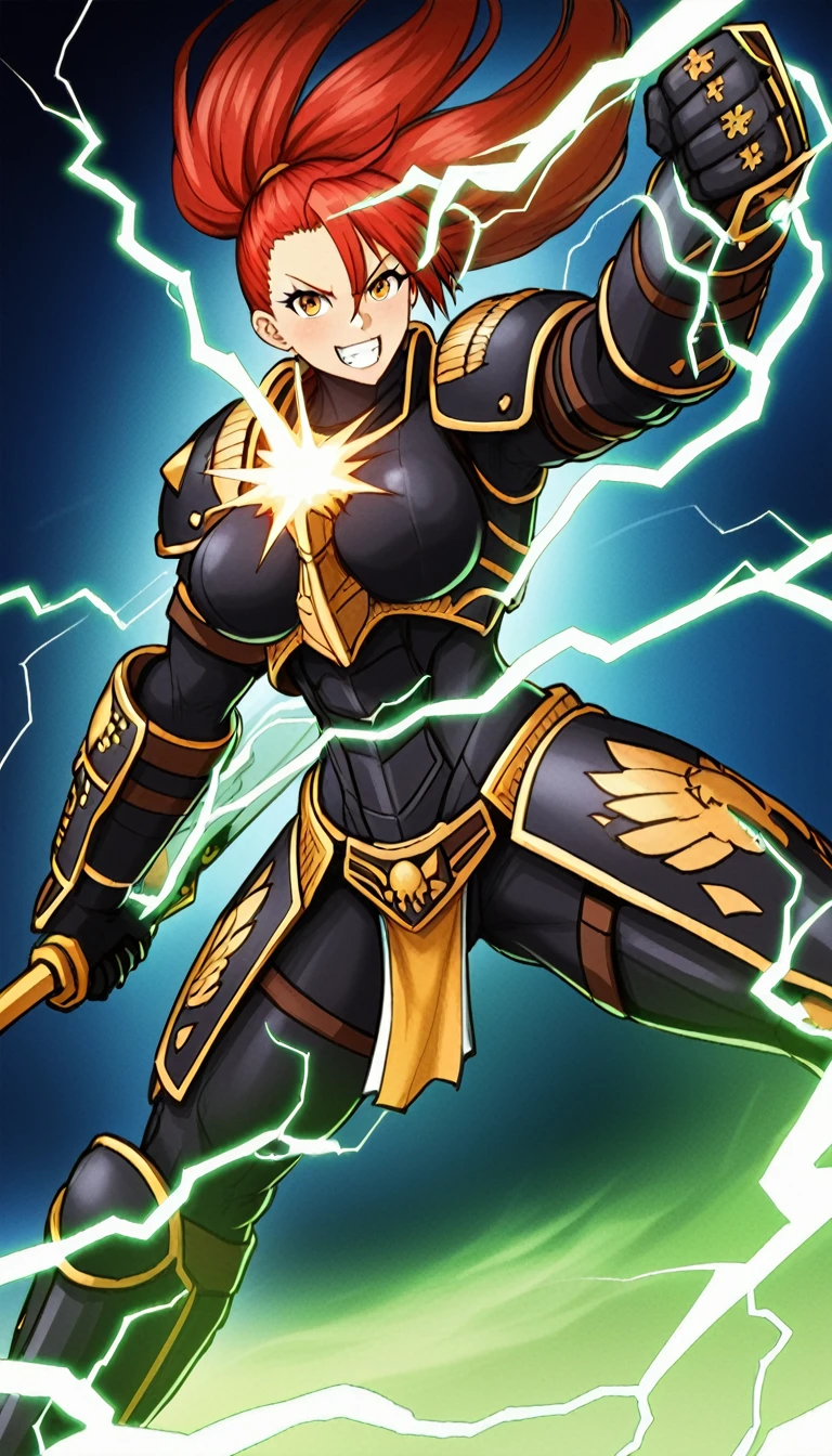 Kemono Fantasy Warfare Anime Setting: A furious Kemono Orca Goddess battle sister, (One Character), wielding a thundering sword, electricity, wearing space marine power black armor, on a chaotic battlefield, cinematic lighting, dramatic shadows, vibrant colors, hyper detailed, intricate textures, powerful expression, dynamic pose