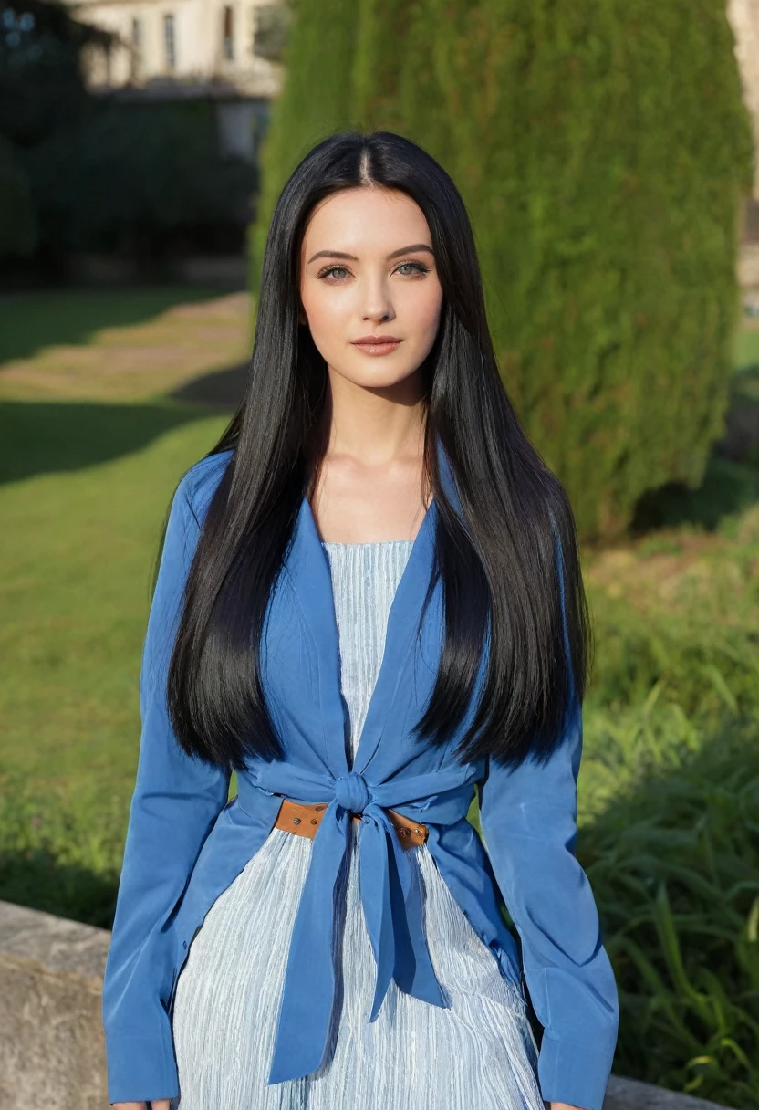 a closeup of a woman wearing a blue jacket and a blue dress, female with long black hair, straight hairstyle, with straight black hair, with long hair, with long dark hair, with long black hair, Her hair is long and straight., young woman with long dark hair, long straight black hair, perfect silky straight hair, girl with super long hair