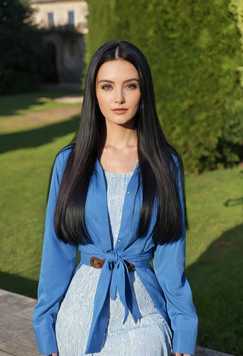 a closeup of a woman wearing a blue jacket and a blue dress, female with long black hair, straight hairstyle, with straight black hair, with long hair, with long dark hair, with long black hair, Her hair is long and straight., young woman with long dark hair, long straight black hair, perfect silky straight hair, girl with super long hair