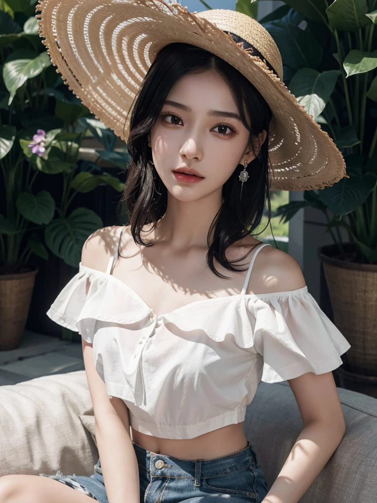 absurdres, RAW photo, extremely delicate and beautiful, masterpiece, Best Quality, ultra high resolution, 32k, hyperrealistic, ultra-detailed, perfect figure, in her 20s, very small head, very small face, delicate facial features, tearful mole, earring, very huge breasts, very big breasts, bare legs, full body shot, medium hair, black hair, colored inner hair, casual, blouse, white shirt, buttoned shirt, bare shoulders, collarbone, midriff, navel, shorts, straw hat,