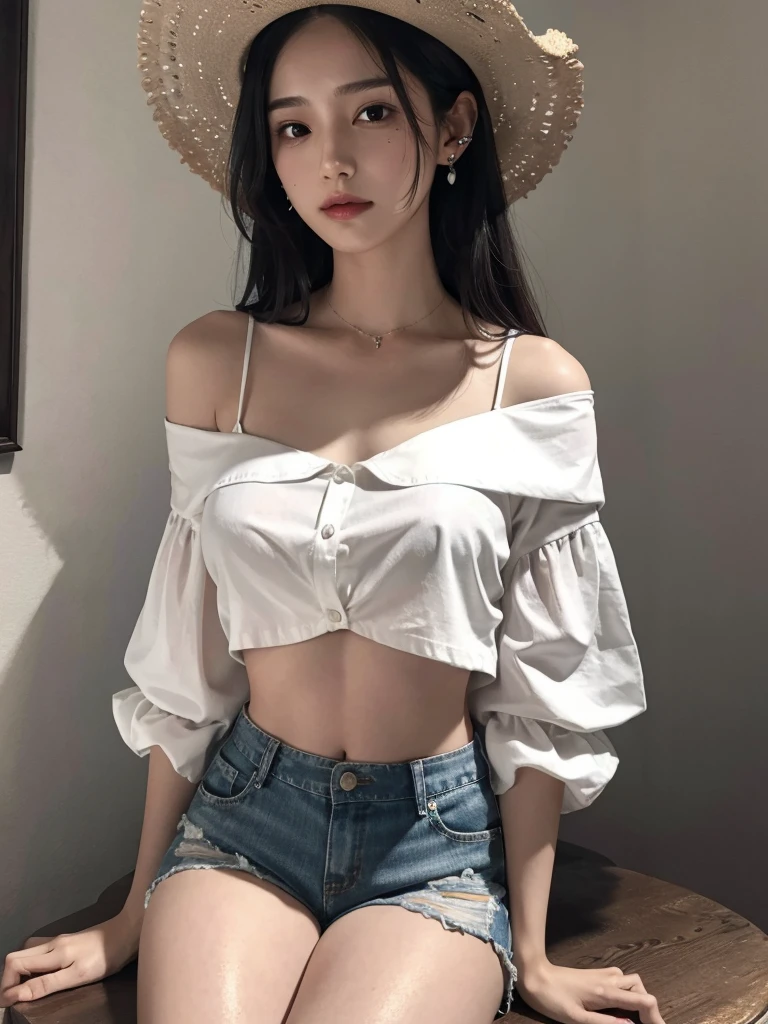 absurdres, RAW photo, extremely delicate and beautiful, masterpiece, Best Quality, ultra high resolution, 32k, hyperrealistic, ultra-detailed, perfect figure, in her 20s, very small head, very small face, delicate facial features, tearful mole, earring, very huge breasts, very big breasts, bare legs, full body shot, medium hair, black hair, colored inner hair, casual, blouse, white shirt, buttoned shirt, bare shoulders, collarbone, midriff, navel, shorts, straw hat,