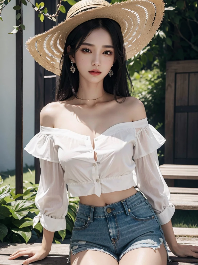 absurdres, RAW photo, extremely delicate and beautiful, masterpiece, Best Quality, ultra high resolution, 32k, hyperrealistic, ultra-detailed, perfect figure, in her 20s, very small head, very small face, delicate features, tearful mole, earring, very huge breasts, very big breasts, bare legs, full body shot, medium hair, black hair, colored inner hair, casual, blouse, white shirt, buttoned shirt, bare shoulders, collarbone, midriff, navel, shorts, straw hat,