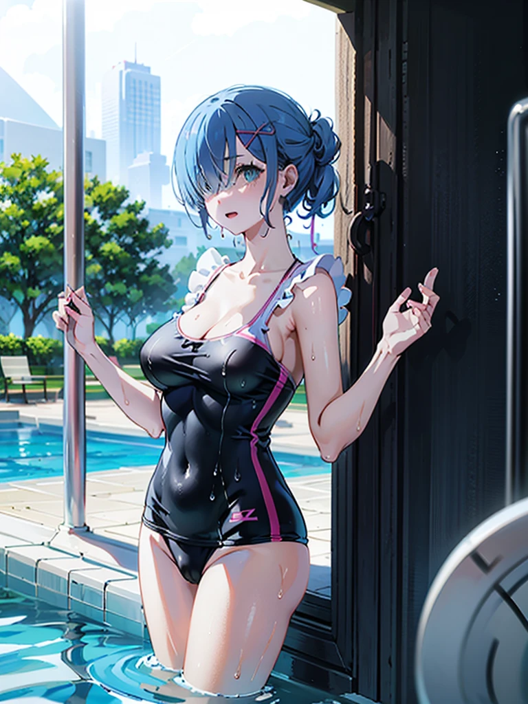 Swimsuit、Acme Face、Random pose、short hair、Blue Hair、、hair over one eye、、nsfw、	masterpiece, best quality, 1 girl, 独奏, large breasts, gray eyes, swept bangs, black hair, half updo hair, looking side, excited, cowboy shot, from the front, black competitive swimsuit, pool, in the pool, (wet:1.2), (water drops:1.2)
