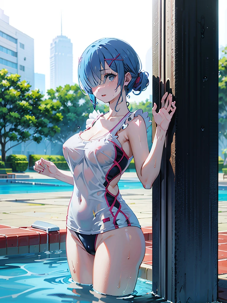 Swimsuit、Acme Face、Random pose、short hair、Blue Hair、、hair over one eye、、nsfw、 masterpiece, best quality, 1 girl, 独奏, large , gray eyes, swept bangs, black hair, half updo hair, looking side, excited, cowboy shot, from the front, black competitive swimsuit, pool, in the pool, (wet:1.2), (water drops:1.2)