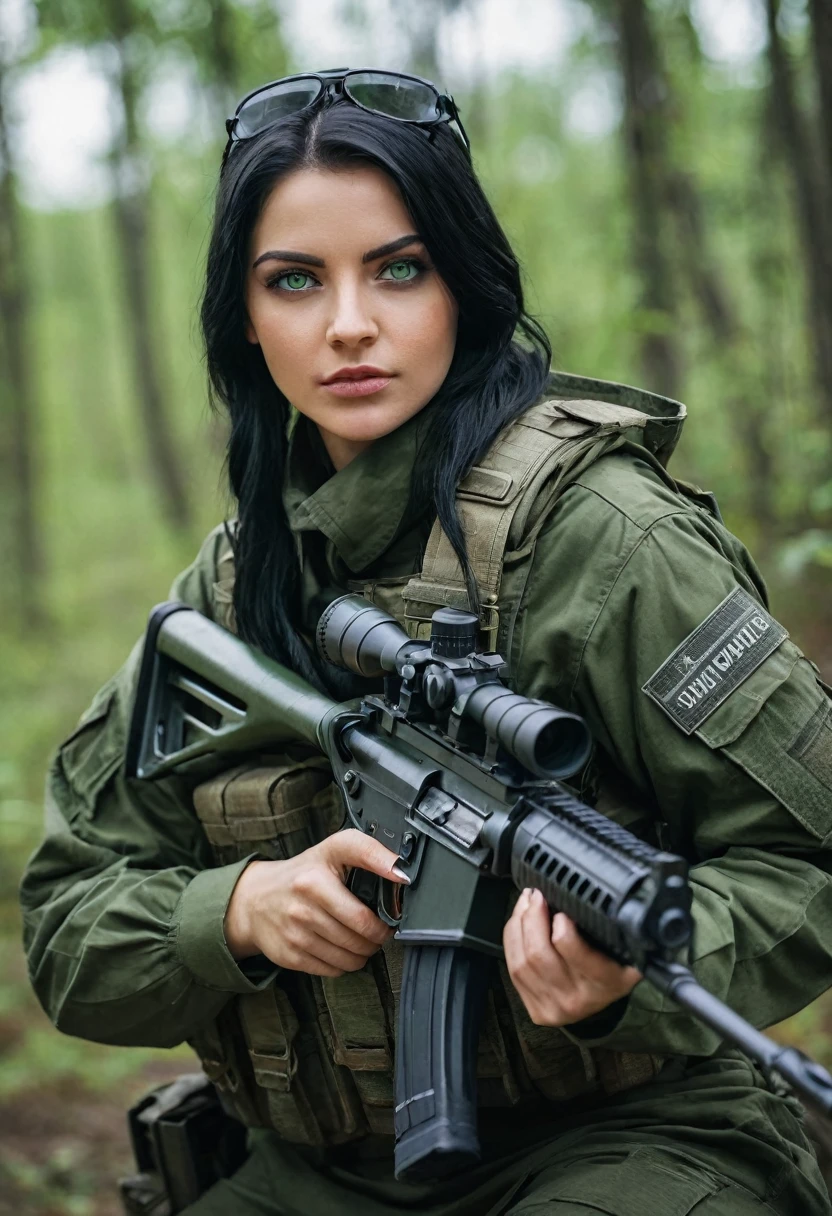 A young woman with black  hair and green eyes, dressed in military attire, posing for a photo shoot holding a rifle outdoors, uma reminiscência de Call of Duty e Escape from Tarkov&#39;s Private Military Company (PMC),  on the right arm, there is volumetric lighting, soft glow, Depth of field, highly detailed photograph, low-contrast, pastel colours, como Kodak Portra 400, in 8k resolution, gazing at viewer, perfect hands, war zone background