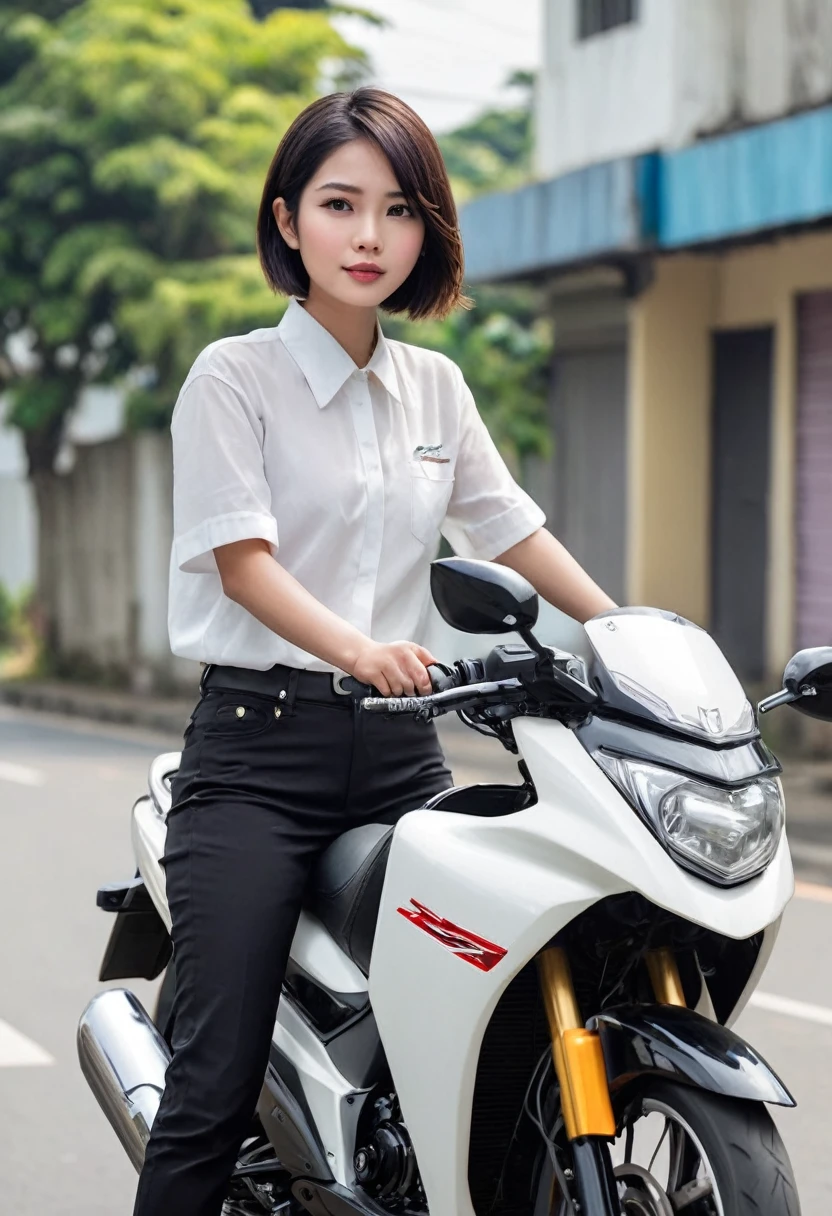 Beauti Indonesian girl, very short fine hair, I was riding a Honda automatic beat series motorbike, camera distance is far( The entire motorbike is visible) far ratio, roadside atmosphere,