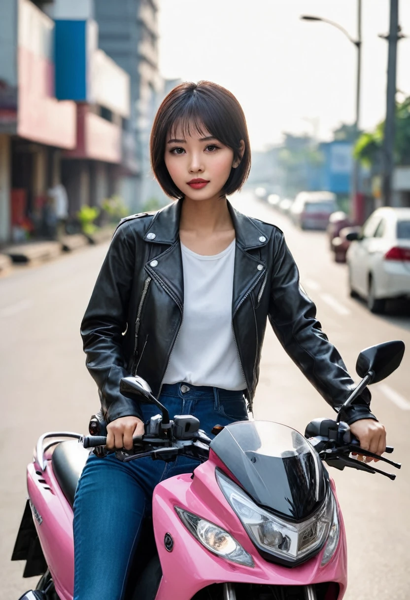 Beauti Indonesian girl, very short fine hair, I was riding a Honda automatic beat series motorbike, camera distance is far( The entire motorbike is visible) far ratio, roadside atmosphere,
