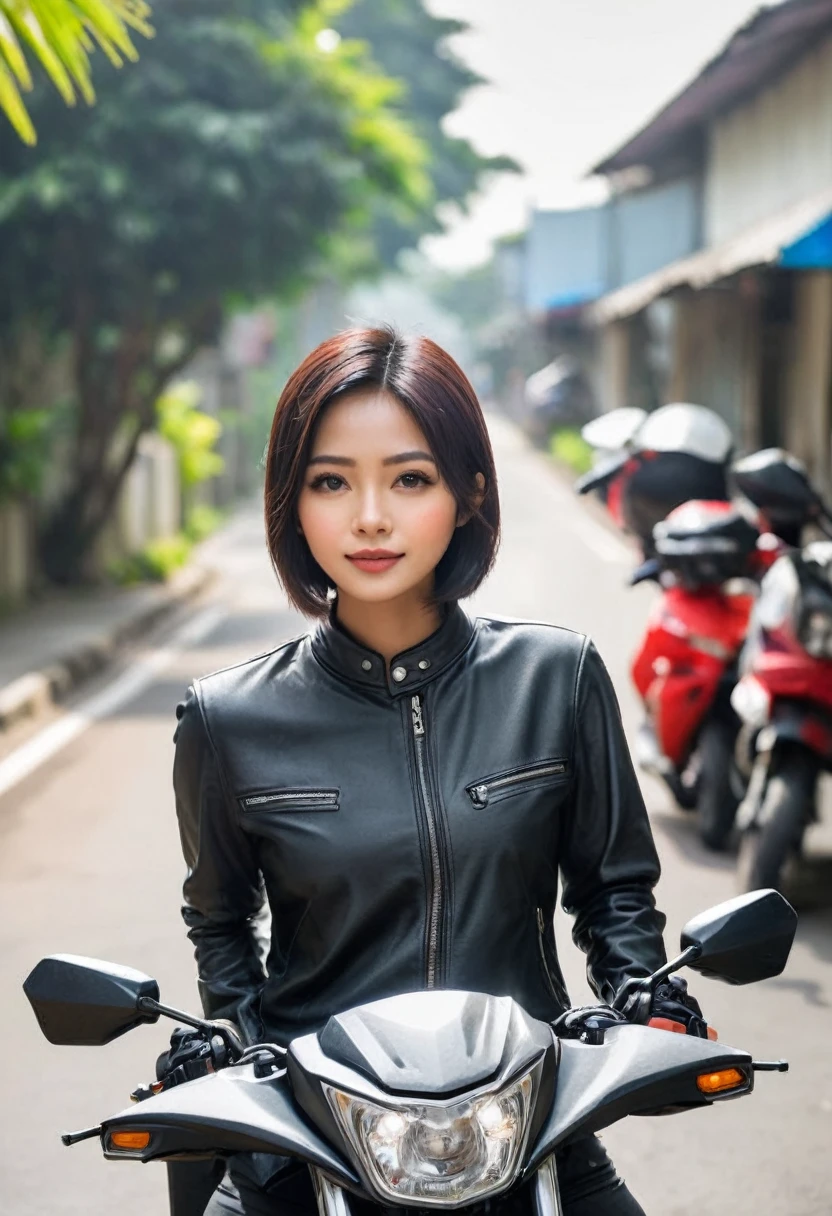 Beauti Indonesian girl, very short fine hair, I was riding a Honda automatic beat series motorbike, camera distance is far( The entire motorbike is visible) far ratio, roadside atmosphere,