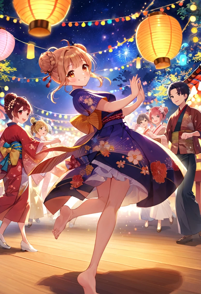 Highest quality、High resolution、Detailed Background、Teenage beauty、Detailed face、cuteカラーの髪色、Bun Hair、Perfect body line、(Bon Odori venueでdancing lively少女:1.5)、(Dancing with hands up high:1.5)、night、Festivals、Bon Odori venue、A big smile、cute柄の浴衣、dancing lively、Waving your hands back and forth、Waving your hands left and right、Coordinated hand and foot movements、Traditional Japanese summer festivals、盆踊りはnightに行われるため提灯やランタンが灯りを灯し幻想的な雰囲気を醸し出します、cute