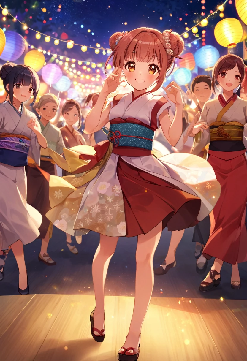 Highest quality、High resolution、Detailed Background、Teenage beauty、Detailed face、cuteカラーの髪色、Bun Hair、Perfect body line、(Bon Odori venueでdancing lively少女:1.5)、(Dancing with hands up high:1.5)、night、Festivals、Bon Odori venue、A big smile、cute柄の浴衣、dancing lively、Waving your hands back and forth、Waving your hands left and right、Coordinated hand and foot movements、Traditional Japanese summer festivals、盆踊りはnightに行われるため提灯やランタンが灯りを灯し幻想的な雰囲気を醸し出します、cute