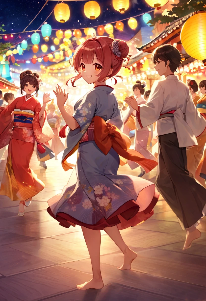 Highest quality、High resolution、Detailed Background、Teenage beauty、Detailed face、cuteカラーの髪色、Bun Hair、Perfect body line、(Bon Odori venueでdancing lively少女:1.5)、(Dancing with hands up high:1.5)、night、Festivals、Bon Odori venue、A big smile、cute柄の浴衣、dancing lively、Waving your hands back and forth、Waving your hands left and right、Coordinated hand and foot movements、Traditional Japanese summer festivals、盆踊りはnightに行われるため提灯やランタンが灯りを灯し幻想的な雰囲気を醸し出します、cute