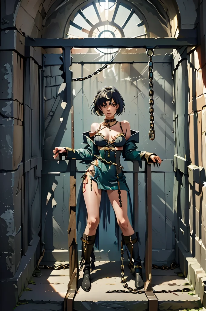 (masterpiece:1.1), (highest quality:1.1), 1girl, chain, against wall, prison,