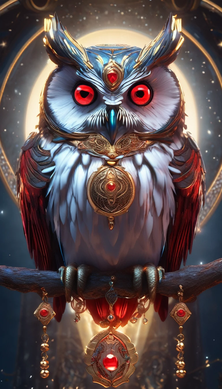 Illustration of an owl with red eyes, Unreal Engine rendering + goddess, very detailled , B Global Lighting, Exquisite and beautiful jewelry, Top trends in cgisociety, Motion Graphics, rossdraws global illumination, CG Association