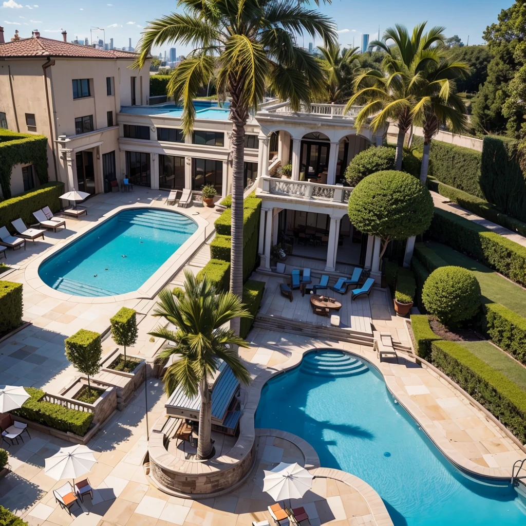 Pool party, out side, top of a building, parm trees, sunny weather, happy atmosphere, bikini models,
