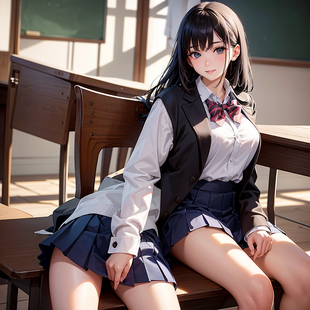 Best quality, masterpiece, ultra high res, (photorealistic:1.4), raw photo, 1girl, yamada anna, mature, she wear white shirt and dark blue short skirt, high school girl clothes, sitting between the table and the bench with legs crossed on the left side while the right hand grasps while holding the head in an overlapping position, cinematic lightning, very detailed faces, 4 k, smile, happy expression face, huge breast size, brown eyes, dark blue long hair, eyelashes are thicker and fuller