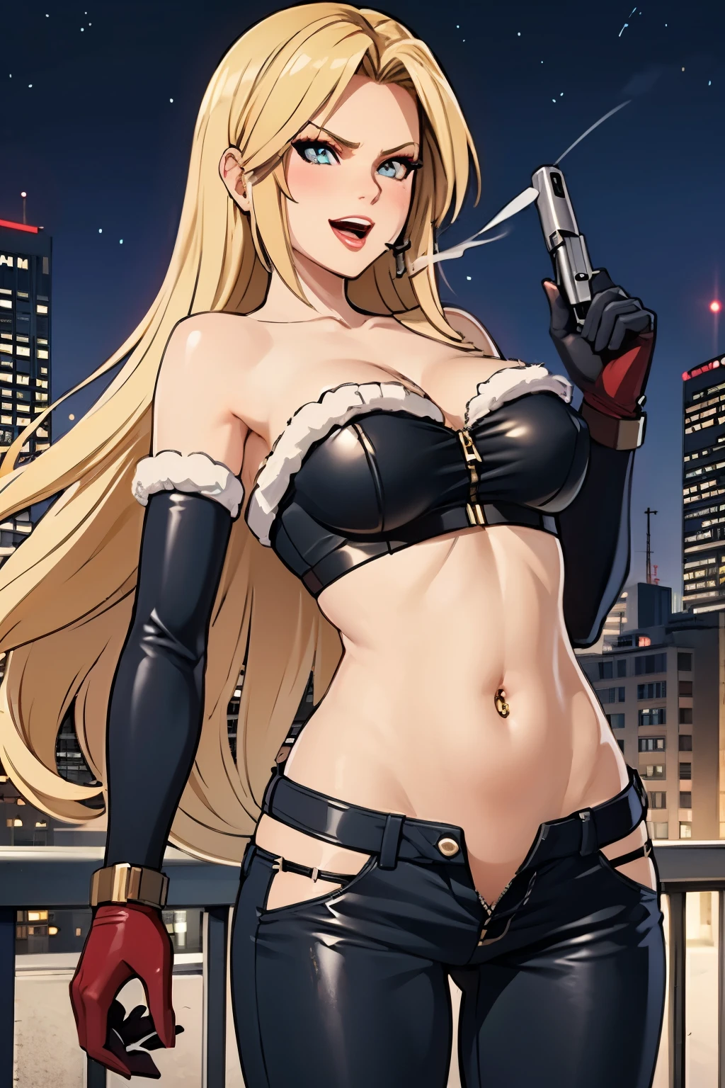 helena, long hair, mature female, makeup, eyelashes, blush, lipstick, Hot girl, baddie, staring, glaring, bad attitude, mean girl, dare, angry, hate, crazy, smoking, sensual, attractive, fur trim, mature female, gloves, fur-trimmed coat, outdoors, rooftop, cityscape, building, railing, night sky, scenery, city lights, masterpiece, best quality, highly detailed, a girls with a gun, evil smile , open mouth, sexy gaze, badass pose , evil smile, smile, , guns blazing, anime girl with long hair, beautiful long haired girl, navel, evil expression, exposed belly, exposed navel, exposed midriff, exposed lower belly, long black pants, crop top, cleavage, unbuttoned leather pants ,open fly, low rise black leather pants, leather jacket, holding a gun, navel piercing