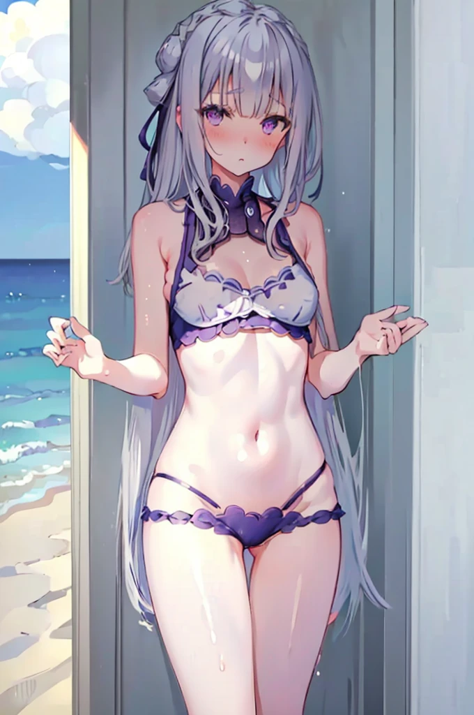 Random pose、Random swimsuit appearance、Sexy swimsuit、NFSW、Random pose、Polka dot bikini、Polka dot bikini、Light silver hair、Semi-long hair、Random pose、Ocean、Sandy Beach、Blushing、Embarrassed expression、、Pale purple eyes、、Blushing、lipstick、Perfect hands、Detailed hands、Wet、