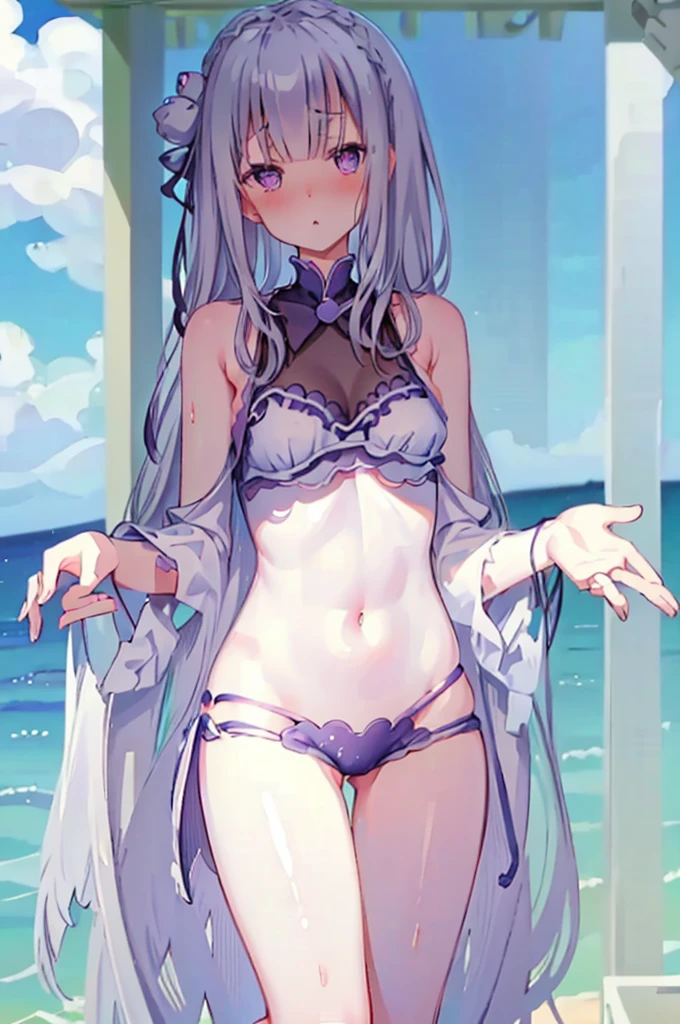 Random pose、Random swimsuit appearance、Sexy swimsuit、NFSW、Random pose、Polka dot bikini、Polka dot bikini、Light silver hair、Semi-long hair、Random pose、Ocean、Sandy Beach、Blushing、Embarrassed expression、、Pale purple eyes、、Blushing、lipstick、Perfect hands、Detailed hands、Wet、