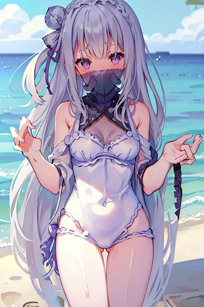 Random pose、Random swimsuit appearance、Sexy swimsuit、NFSW、Random pose、Polka dot bikini、Polka dot bikini、Light silver hair、Semi-long hair、Random pose、Ocean、Sandy Beach、Blushing、Embarrassed expression、、Pale purple eyes、、Blushing、lipstick、Perfect hands、Detailed hands、Wet、