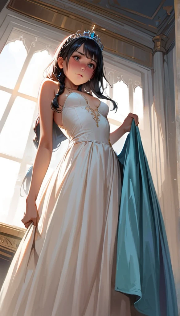 (masterpiece), Princess,Princess,Small breasts,Light blue lace underwear, Natural light, Realistic, Diffuse Light, Looking up from below,vapor, (Lift up your skirt), (urination), Braid,Race Stock Vang,Luxury Long Dress,Embarrassed red face,tiara.royal palace, penis