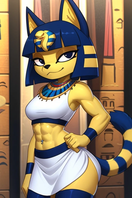 ((best quality)), ((masterpiece)), (detailed), ((2k)), trending on artstation, furry, furry style, anthro style, perfect face, a digital artwork of a sexy Ankha with abs wearing a crop top of her white sleeveless dress with white long dress skirt, a bare midriff, a bare navel, an exposed belly button, Egyptian setting, smug face, tail, blue Egyptian handbands, navel piercing