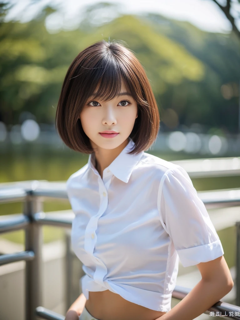 lens: 135mm f1.8,((Highest quality)),((Masterpiece)), ((Photorealistic)),(Beautiful 17 year old Japan woman), (Moist lips), Narrow eyes, double eyelid,Delicate clavicle,Flat Chest,short hair, (Let me'Let's take another look), shame, A faint smile, Professional Lighting,
(School Uniform), (Sunburned skin:0.2),Full body photo、Full body angle、Front angle、 figure、未成長なFlat chest、Stand upright、Tight waist、Small pelvis、pubic hair、Visible tan lines、Neat and elegant、Honor student、Angle above the knee、Front Angle、A white, inorganic studio、Small breasts、Flat chest、Ungrown breasts