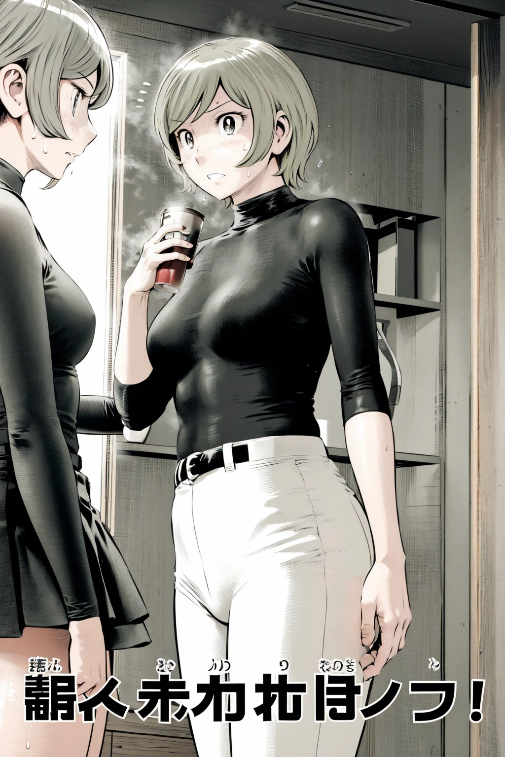 、(masterpiece、Highest quality)、Highest quality, Ultra-high resolution, (((masterpiece))), alone, Sweat、Big eyes,Tight black shirt、Tight white pants、belt、indoor、Composition from the front、(後ろCut your hair short、short hair、blonde、woman)、Shortcuts、Embarrassed face、Cut your hair short、可愛いwomanの子、Big Breasts、office