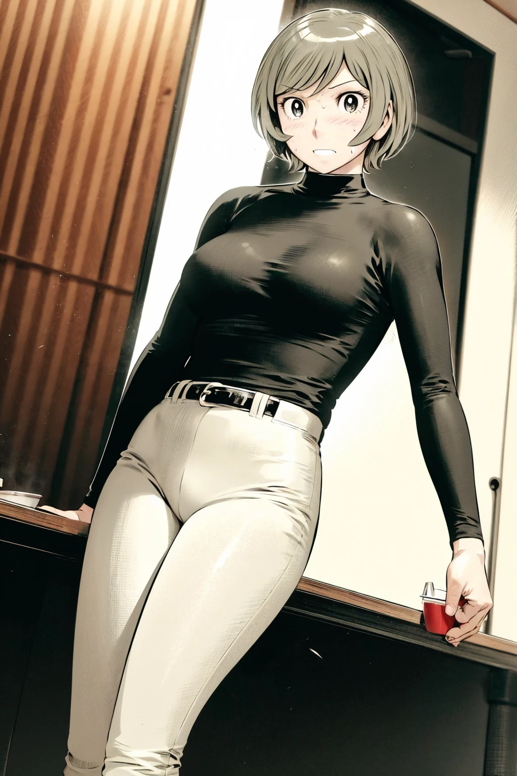 、(masterpiece、Highest quality)、Highest quality, Ultra-high resolution, (((masterpiece))), alone, Sweat、Big eyes,Tight black shirt、Tight white pants、belt、indoor、Composition from the front、（後ろCut your hair short、short hair、blonde、woman）、Shortcuts、Embarrassed face、Cut your hair short、可愛いwomanの子、Big Breasts、office