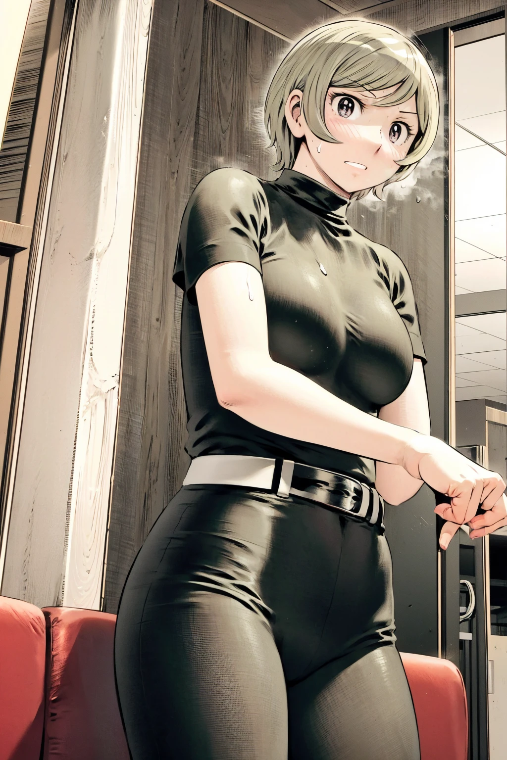 、(masterpiece、Highest quality)、Highest quality, Ultra-high resolution, (((masterpiece))), alone, Sweat、Big eyes,Tight black shirt、Tight white pants、belt、indoor、Composition from the front、(後ろCut your hair short、short hair、blonde、woman)、Shortcuts、Embarrassed face、Cut your hair short、可愛いwomanの子、Big Breasts、office