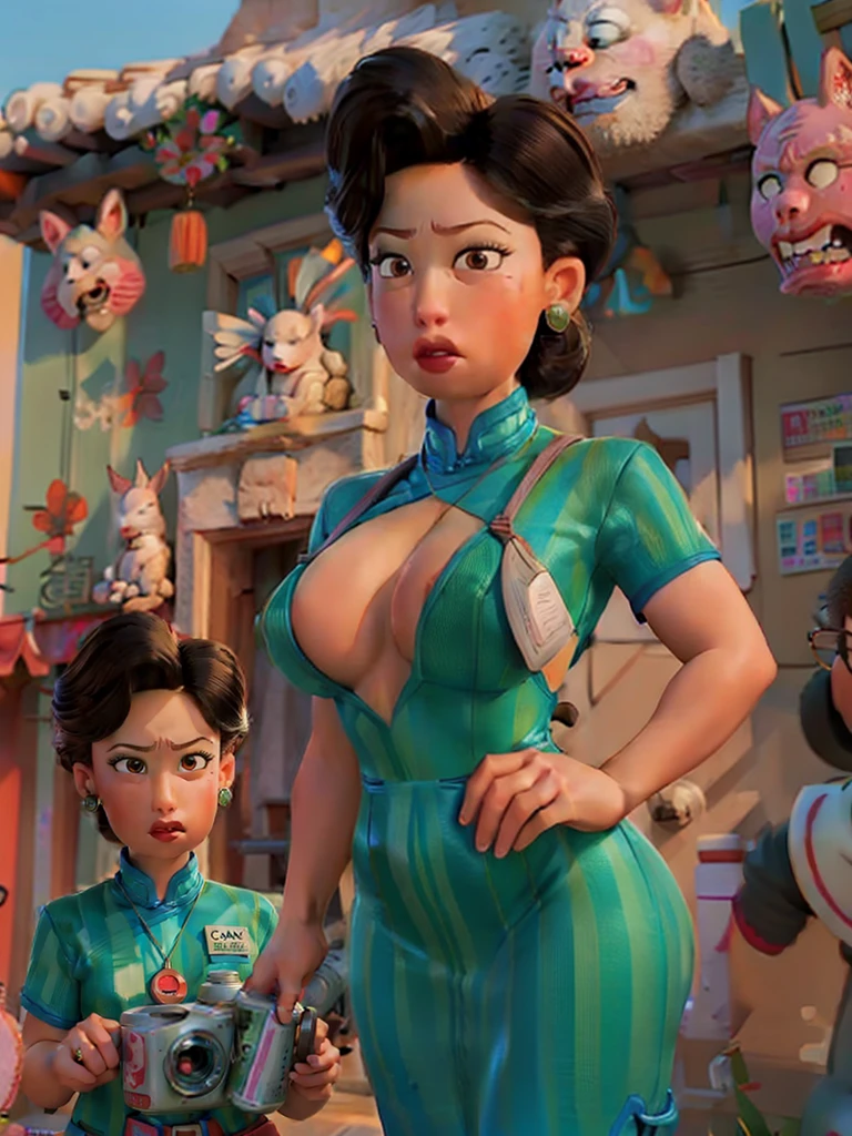 high resolution, Ming Lee, work of art, 1 girl, (angry face) , maroon hair, shorth hair,wide Hips, thick thighs, (huge breasts:1.3), topless, bare chest, large areolae, green dress, hyper ass, skin fair,